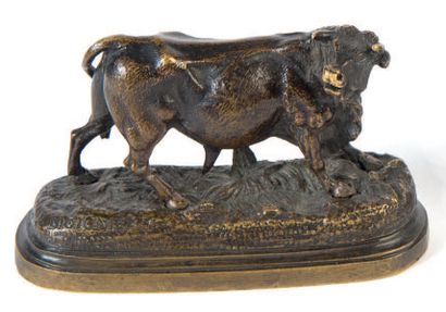 Jules Moigniez (1835-1894) 
Paire de taureau en bronze sculpté à patine brune.
Signé...