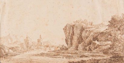 Attribué à Domenico Maria FRATTA (1696-1763) 
Paysage de rivière avec un pont et...
