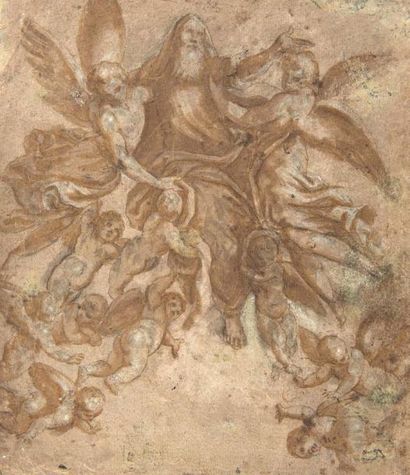 Suiveur de PALMA GIOVANE (1544-1628) 
L'ascension d'un saint porté par des anges
Plume...