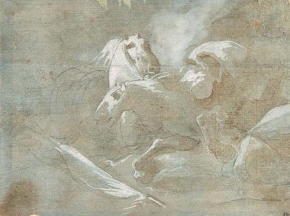 Attribué à Jean-Jacques LAGRENÉE (1739-1821) 
Deux chevaux Pierre noire, lavis brun,...