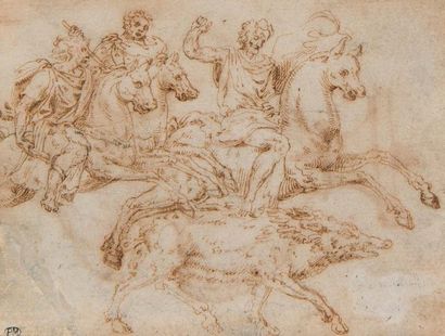 Attribué à Guglielmo della PORTA (1515-1577) 
Trois cavaliers chassant un sanglier,...