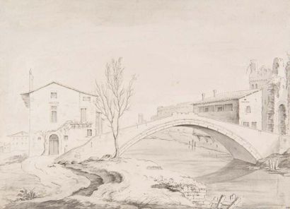 Ecole vénitienne, fin 18ème siècle 
Un pont au-dessus d'un canal
Pierre noire, plume...