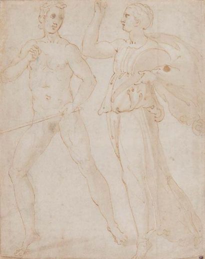 Suiveur de Taddeo ZUCCARO (1529-1566) 
Un homme nu et une femme drapée tenant un...