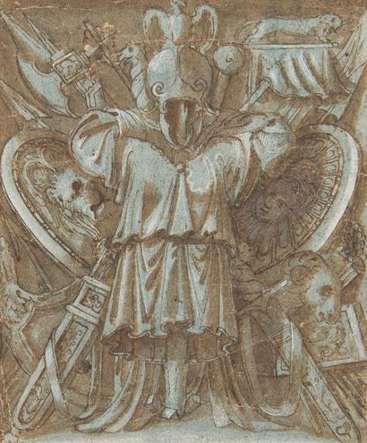 Ecole romaine, 16ème siècle 
Un trophée d'armes
Plume et encre brune, lavis brun,...
