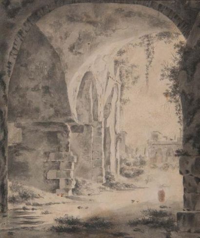 Ecole hollandaise, 17ème siècle 
Ruines romaines (le Colisée?)
Pinceau et lavis brun,...