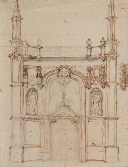 Ecole Italienne, 18ème siècle 
Etude pour la façade d'une église
Pierre noire, plume...
