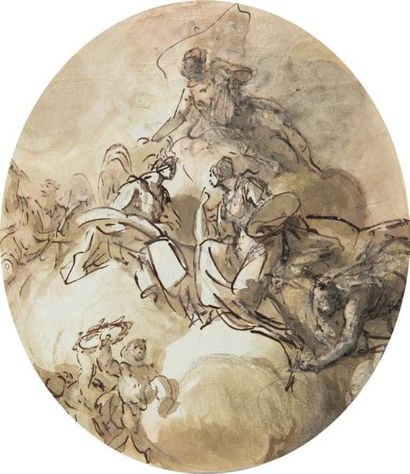Domenico MONDO (1723-1806) 
Etude pour un plafond ovale Plume et encre brune, lavis...