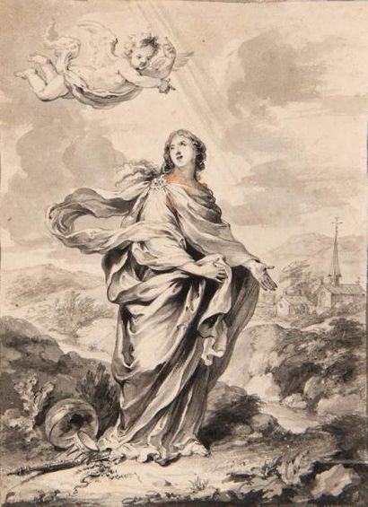 Attribué à Gottfried MAES (1649-1700) 
Une sainte dans un paysage, une sphère, une...