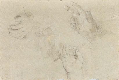 Ecole Italienne, 17ème siècle 
Quatre mains
Pierre noire, craie blanche, sur papier...