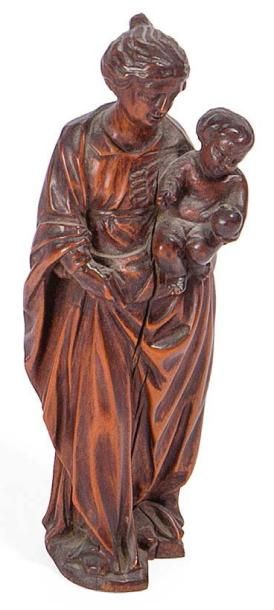 Ecole FRANÇAISE fin XVIIème siècle † Vierge à l'enfant.
Statuette en buis sculpté...