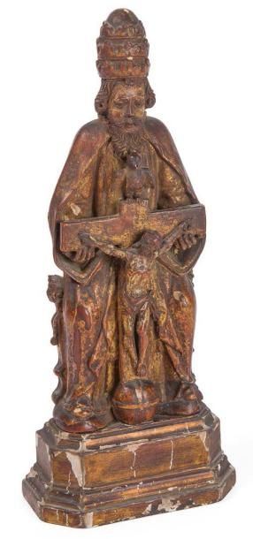 Ecole française XVIIème siècle † Dieu Le Père.
Statuette en bois sculpté, doré et...
