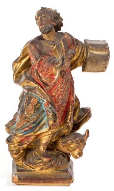 ECOLE ESPAGNOLE XVIIÈME SIÈCLE † Saint Luc
Statuette en bois sculpté, laqué et doré...