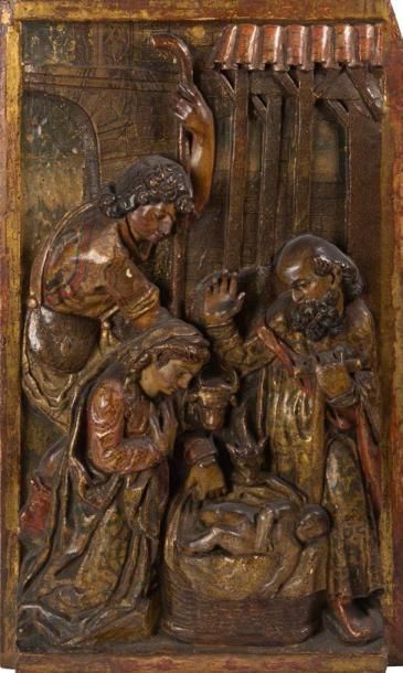 Ecole flamande XVIème siècle L'adoration des bergers
Bois sculpté en relief, laqué...