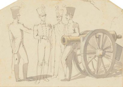 Johann Georg OTT (1781-1808) Trois militaires devant un canon (recto); Etudes de...