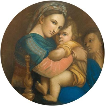 D'après RAPHAEL (1483-1520) † Vierge à l'enfant
Tondo. Pastel sur papier
XIXème siècle
D....