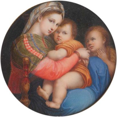 D'après RAPHAEL (1483-1520) † Vierge à l'enfant Miniature
Gouache sur ivoire dans...