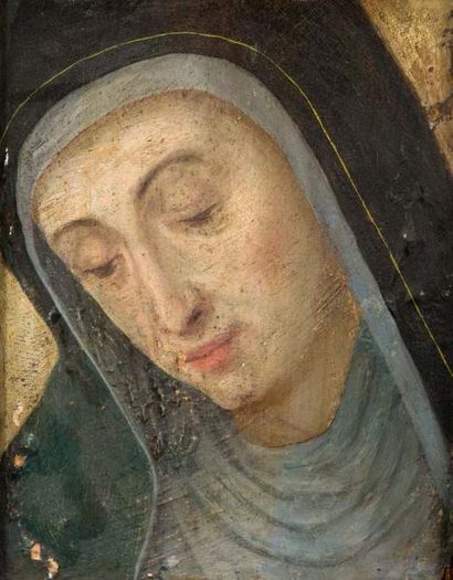 ECOLE FRANCAISE DU XVIIème SIECLE † Portrait de la Vierge
Huile sur panneau (accidents).
24...