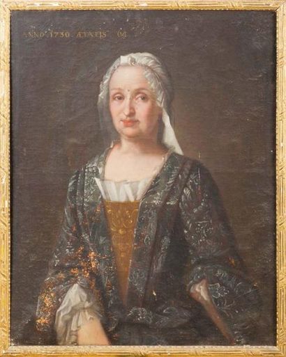 ÉCOLE FRANÇAISE. XVIIIème SIÈCLE Portrait d'une femme à la robe brodée
Huile sur...
