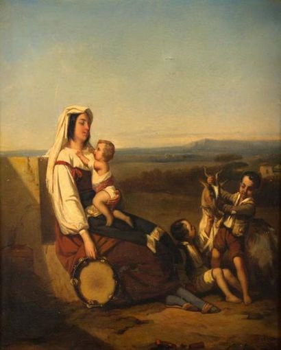 † Ecole italienne du XIXème siècle Maternité
Huile sur toile (accident).
61 x 51...