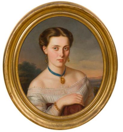 Alphonse Pierre HENNET de GOUTEL (1815- ?) Portrait d'une femme au ruban bleu (Fanny...