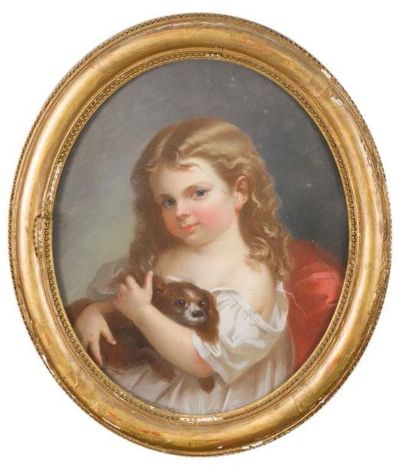 ÉCOLE FRANCAISE. XIXème siècle Jeune fille au chat
Pastel ovale
53x44 cm