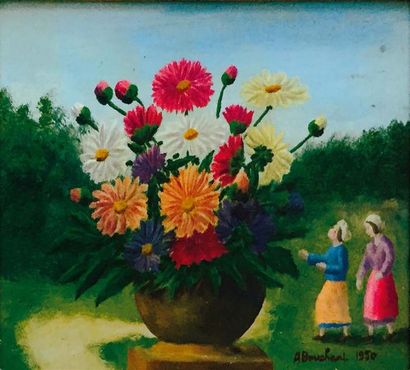 André BAUCHANT (1873-1958) Deux femmes à droite d'un grand vase de fleurs.
Huile...