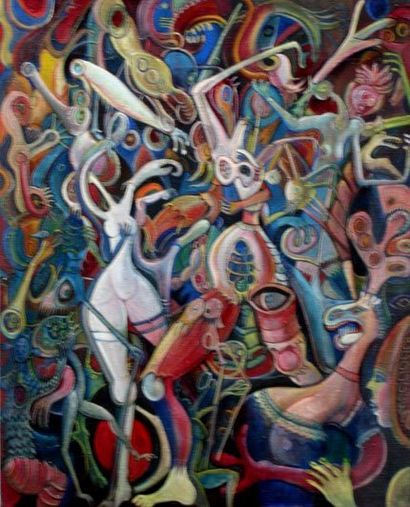 null « La danse des corps » Huile sur toile, cachet. 81 x 65 cm