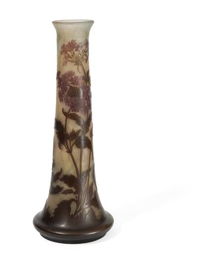 Émile GALLÉ (1846-1904) Vase à haut col à décors végétal en verre multicolore dégagé...
