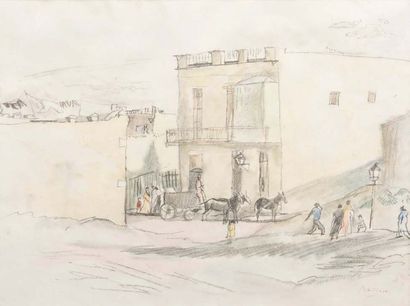 Jules PASCIN (1885-1930) Rue animée
Crayons et couleurs sur papier. Cachet de la...