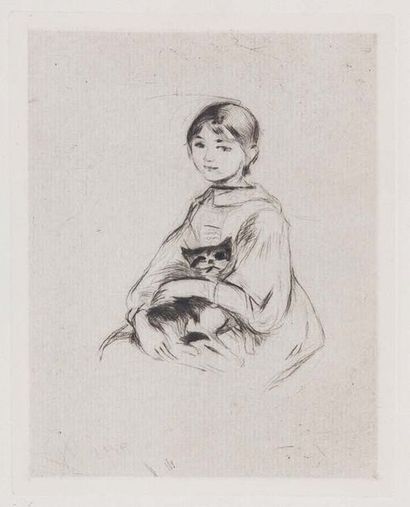 Attribué à Berthe MORISOT (1841-1895) Jeune fille au chat
Gravure
30,5x22,5 cm