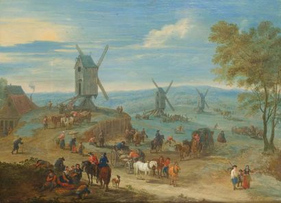 Mathys SCHOEVAERTS (c1665/1667 - après 1702) Scène de marché au bord de route dans...