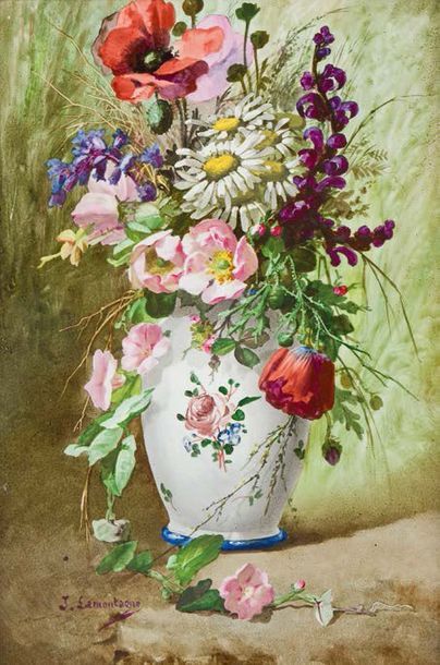 J. LAMONTAGNE Bouquet de fleurs sur un entablement
Peinture émaillé polychrome sur...