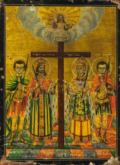 null La Croix Icône sur bois peint en polychromie. Russie, fin du XIXème siècle....