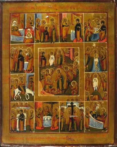 null La Résurrection et scènes choisies Icône en bois peint en polychromie. Russie,...