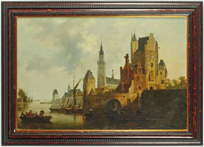 ÉCOLE HOLLANDAISE DU XIXÈME SIÈCLE, DANS LE GOÛT DE J.J. VAN GOYEN Ville fortifiée...