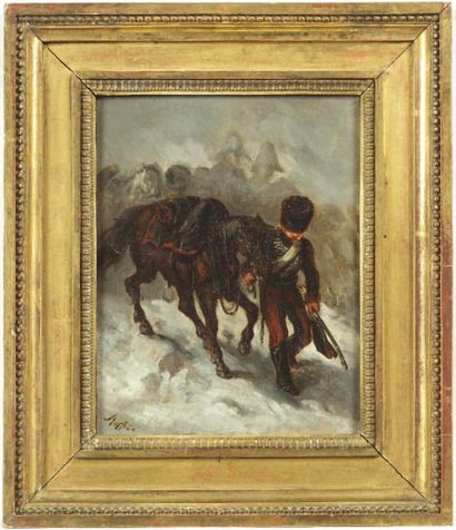 AUGUSTE - DENIS RAFFET (1804-1860) La retraite de Russie Huile sur toile, signée...