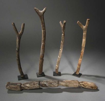 Peuple DOGON - Mali 
Ensemble de cinq échelles votives à patine grise sacrificielle.
H....