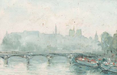 Françoise JUVIN (1926-2010) 
Le pont neuf
Huile sur carton. Signé et daté 70 en bas...