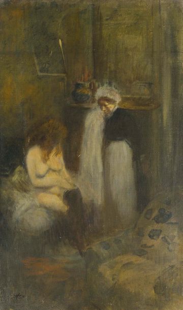 Jean-Louis FORAIN (1852-1931) L'habilleuse
Huile sur toile. Signé en bas à gauche...