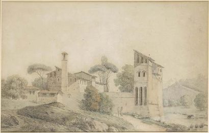 Ecole Française, début 19ème siècle Paysage avec une abbaye
Pierre noire, lavis brun...