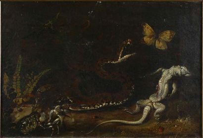 Attribué à Paolo PORPORA (vers 1617 - 1673) Caille et grenouilles, écrevisses et...