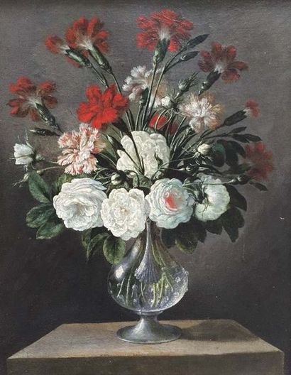 Ecole de Valence vers 1800 Bouquets de fleurs dans un vase de verre soufflé sur un...