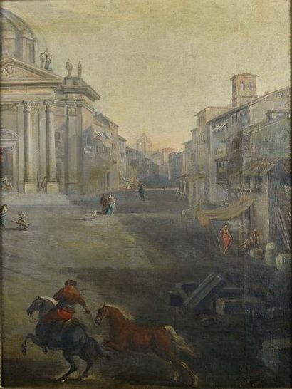 Ecole Romaine. Vers 1700 Rome vue prise depuis la Plazza del Popolo
Huile sur toile,...