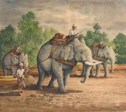 Lukisan Cat Minyask Asli Karya BASAR (1901-1990) La caravane d'éléphants
Gouache...