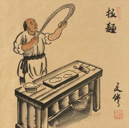 Asie - XXème siècle Ensemble de deux dessins représentant des scènes de cuisine.
Encre...