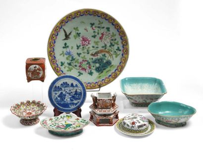 CHINE vers 1900 Ensemble de huit porcelaines (coupes, vases, assiettes, présento...