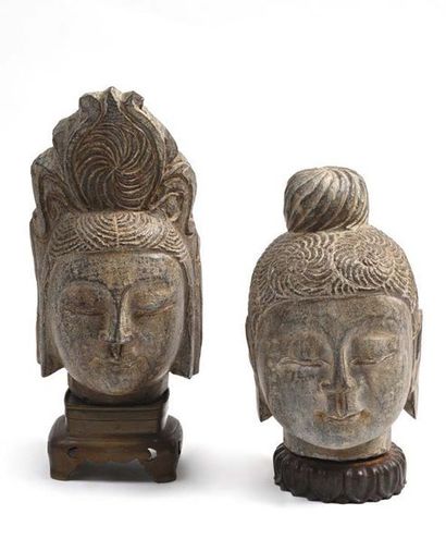 CHINE - XXème siècle Tête de Bouddha
Ensemble de deux têtes sculptées en schiste...