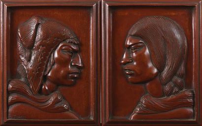 GUTIERREZ (XXème siècle) Profils
Paire de portraits en bas-reliefs en bois sculpté...
