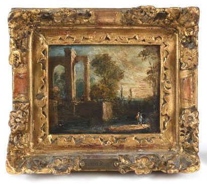 Dans le gout de Hubert ROBERT (1773 - 1808) Paysage et ruines
Huile sur panneau.
7,5...