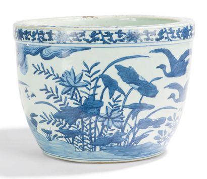 null Cache pot en porcelaine bleue sur fond blanc, à décors de végétaux et volatiles...